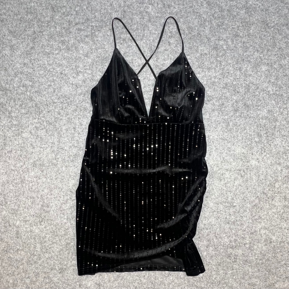 Forever 21 Black Velvet Sequin Stripe Mini Dress V-Neck Cross Back Size‎ M
